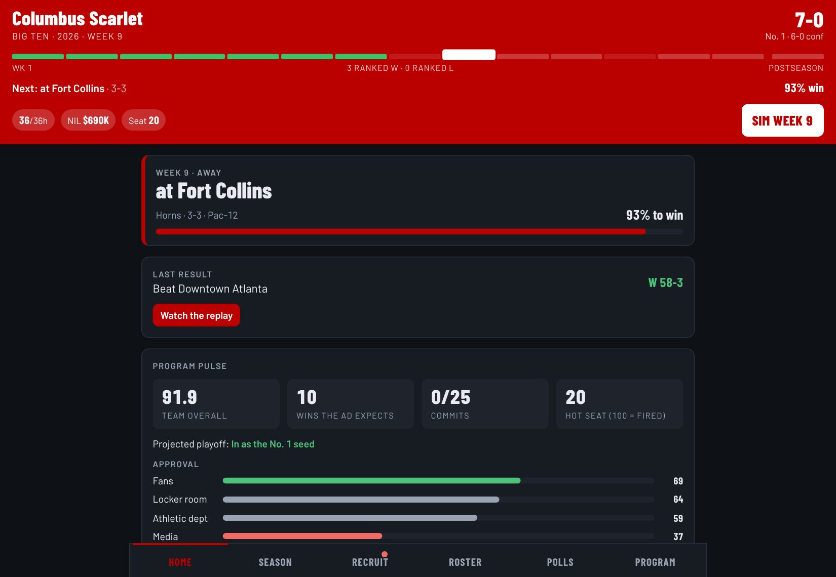 A live game in progress: a scoring feed builds drive by drive under a win-chance meter