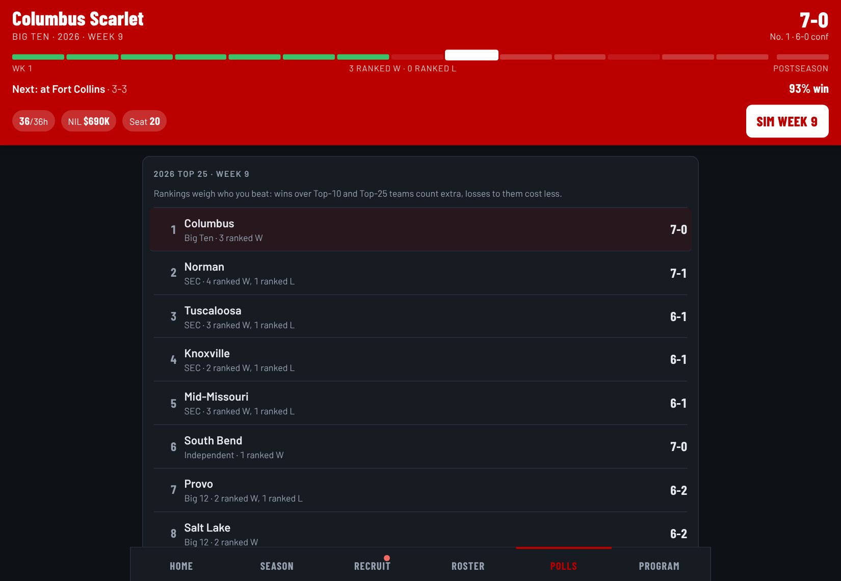 Top 25 with ranked wins and a projected playoff bracket